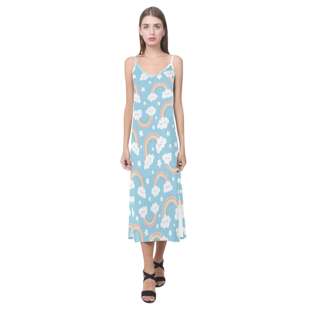 Cute rainbow clound star pattern blue background V-Neck Open Fork Long Dress
