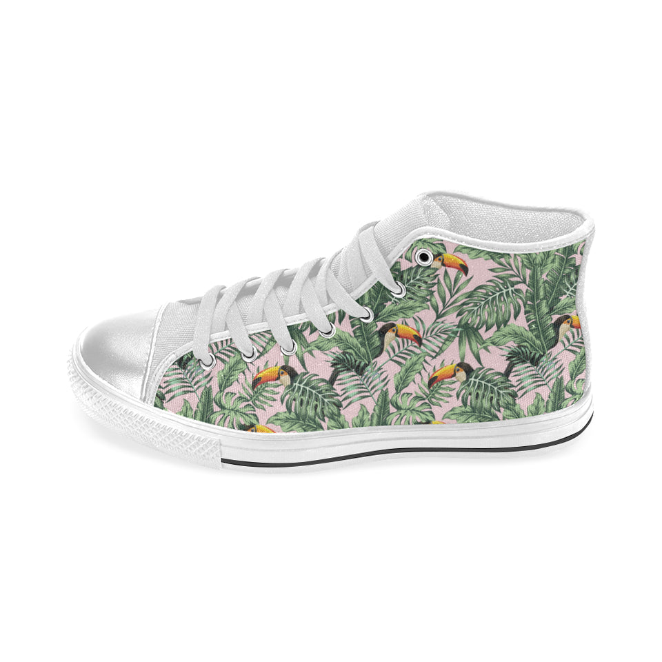 Toucan tropical green jungle palm pattern Women's High Top Canvas Shoes White