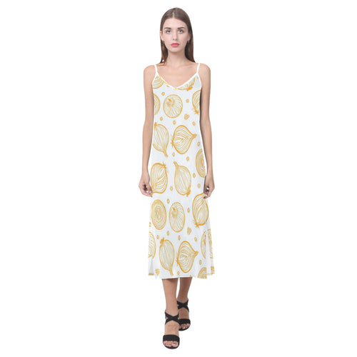 hand drawn onion pattern V-Neck Open Fork Long Dress