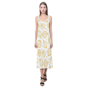 hand drawn onion pattern V-Neck Open Fork Long Dress