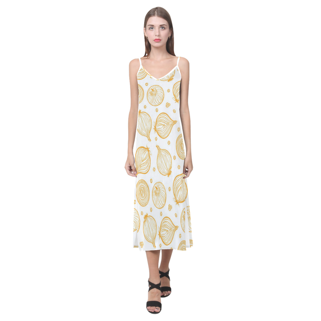 hand drawn onion pattern V-Neck Open Fork Long Dress