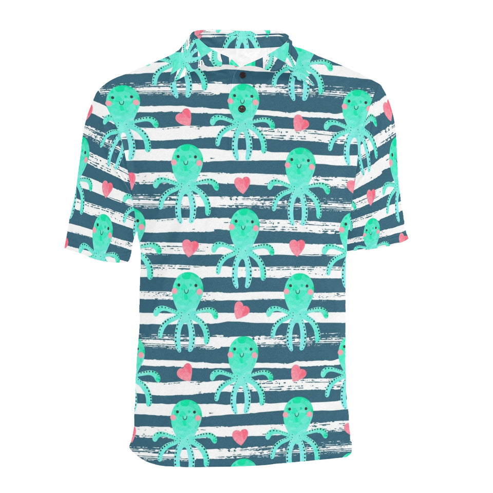 Cute octopuses heart striped background Men's All Over Print Polo Shirt