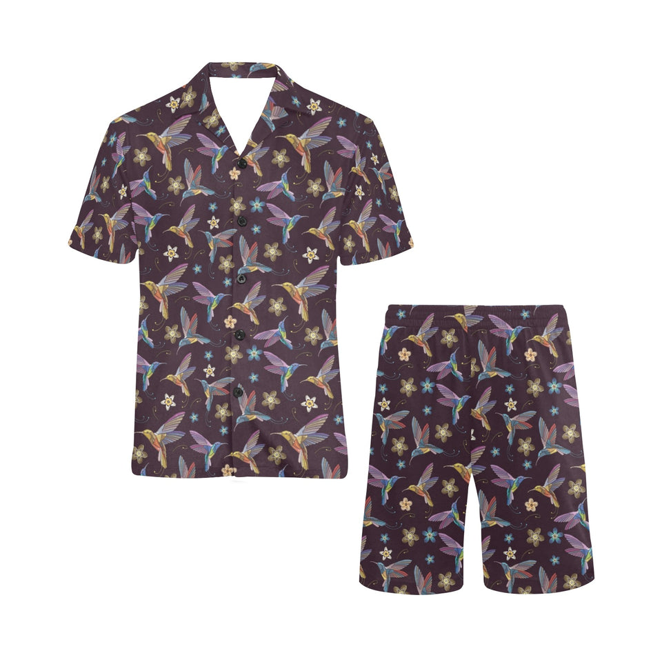 Hummingbird Pattern Print Design 04 Men's V-Neck Short Pajama Set