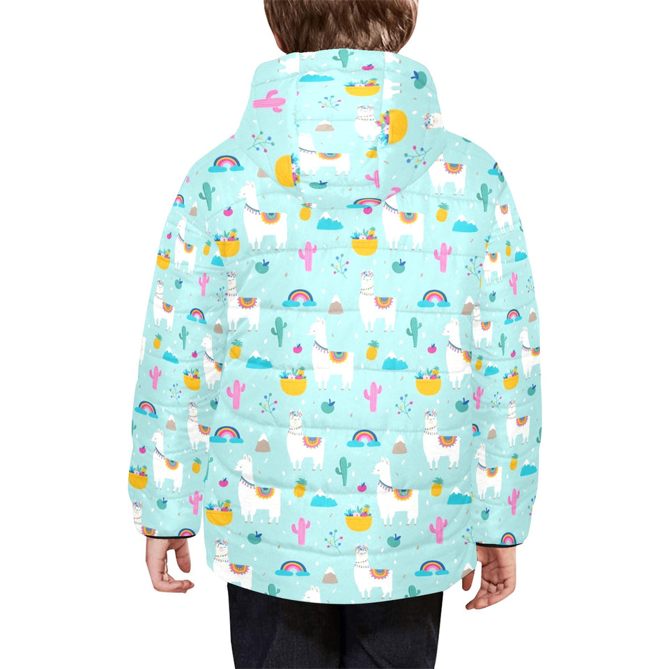 Llama alpaca cactus leaves pattern Kids' Boys' Girls' Padded Hooded Jacket