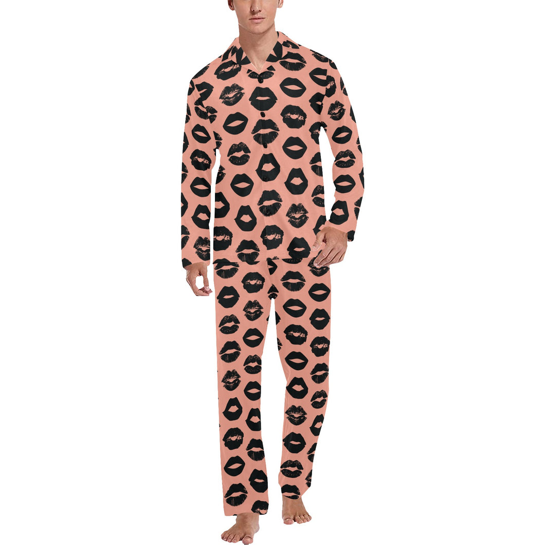 Lips Pattern Print Design 02 Men's Long Pajama Set