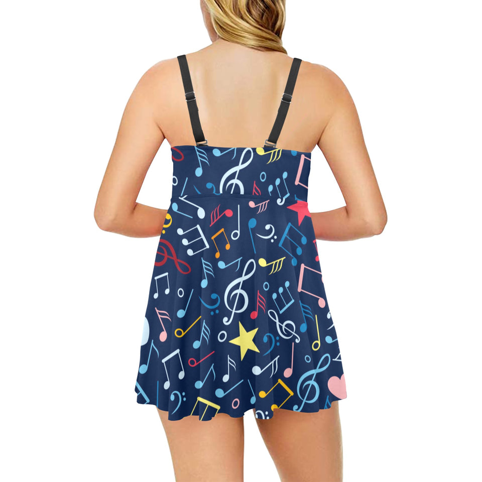 Music Notes Pattern Print Design 03 Chest Sexy Pleated Two Piece Swim Dress
