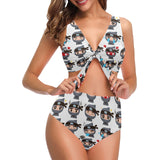 Cute ninja design pattern Chest Bowknot High Waisted Bikini Swimsuit