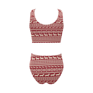 Dachshund Nordic pattern Chest Bowknot High Waisted Bikini Swimsuit