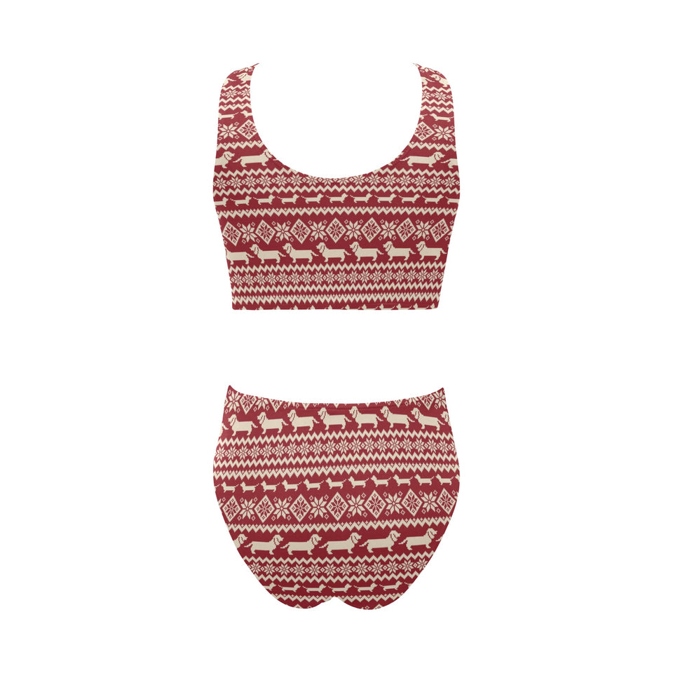 Dachshund Nordic pattern Chest Bowknot High Waisted Bikini Swimsuit