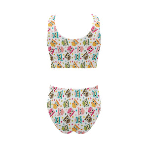 Color cute owl pattern Chest Bowknot High Waisted Bikini Swimsuit