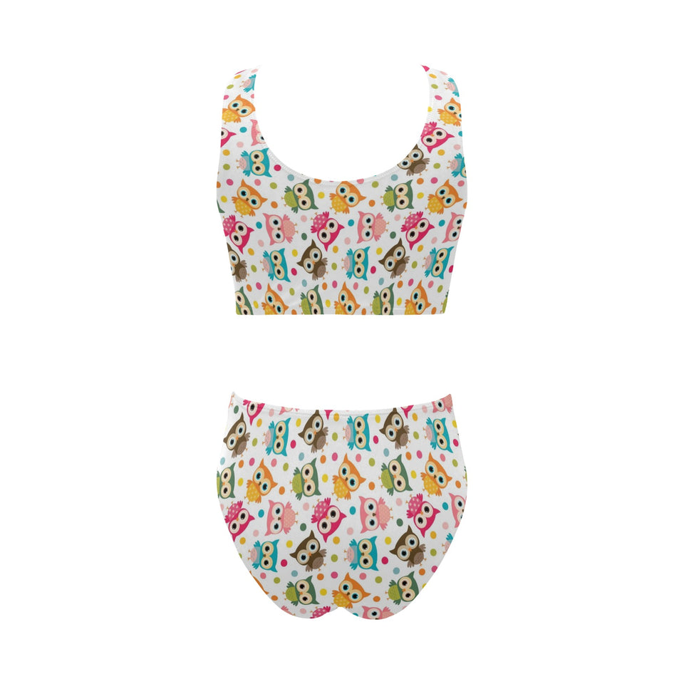 Color cute owl pattern Chest Bowknot High Waisted Bikini Swimsuit