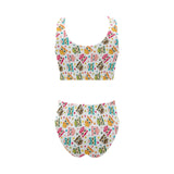 Color cute owl pattern Chest Bowknot High Waisted Bikini Swimsuit