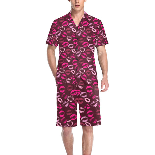 Lips Pattern Print Design 03 Men's V-Neck Short Pajama Set