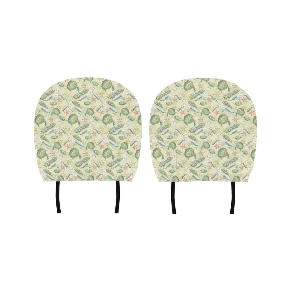 Hand drawn sea turtle fish pattern Car Headrest Cover