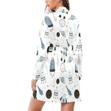 Hand drawn space elements space rocket star planet Women's Long Sleeve Belted Night Robe