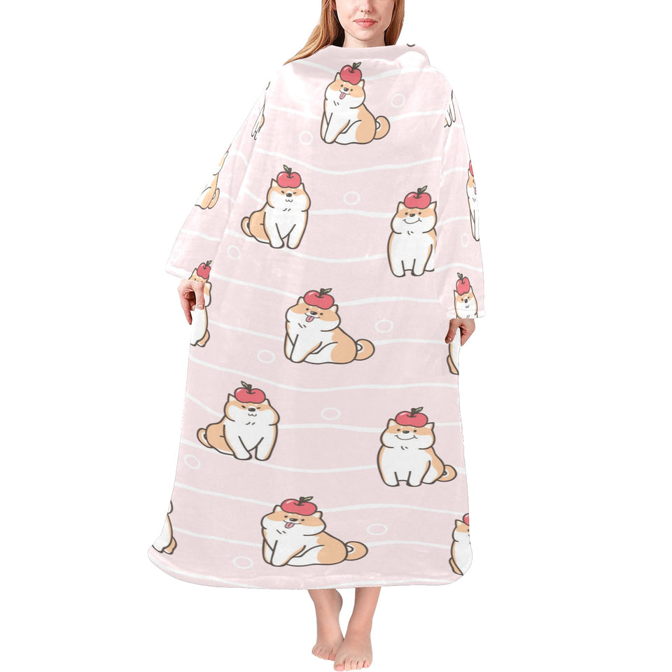 Cute Shiba Inu Dog Apple pattern Blanket Robe with Sleeves