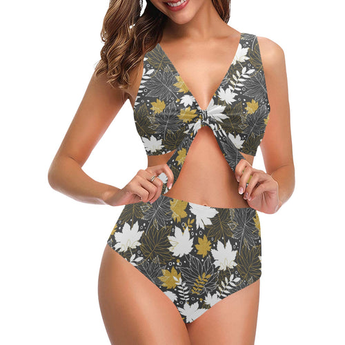 Beautiful gold autumn maple leaf pattern Chest Bowknot High Waisted Bikini Swimsuit