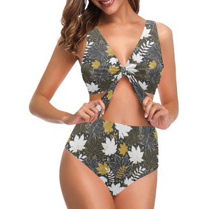 Beautiful gold autumn maple leaf pattern Chest Bowknot High Waisted Bikini Swimsuit