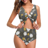 Beautiful gold autumn maple leaf pattern Chest Bowknot High Waisted Bikini Swimsuit