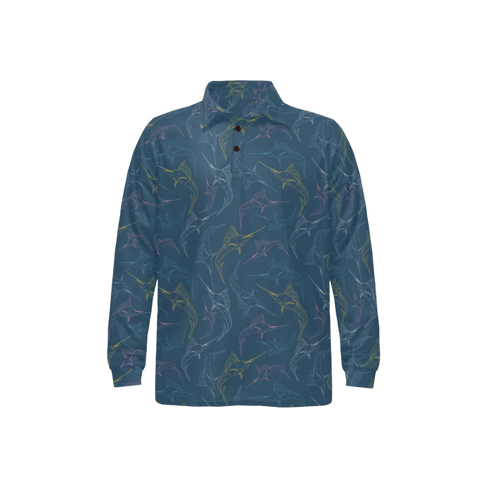 Swordfish Pattern Print Design 02 Men's Long Sleeve Polo Shirt