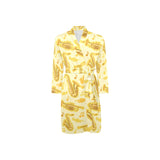 Saxophone cornet pattern yellow background Men's Long Sleeve Belted Night Robe