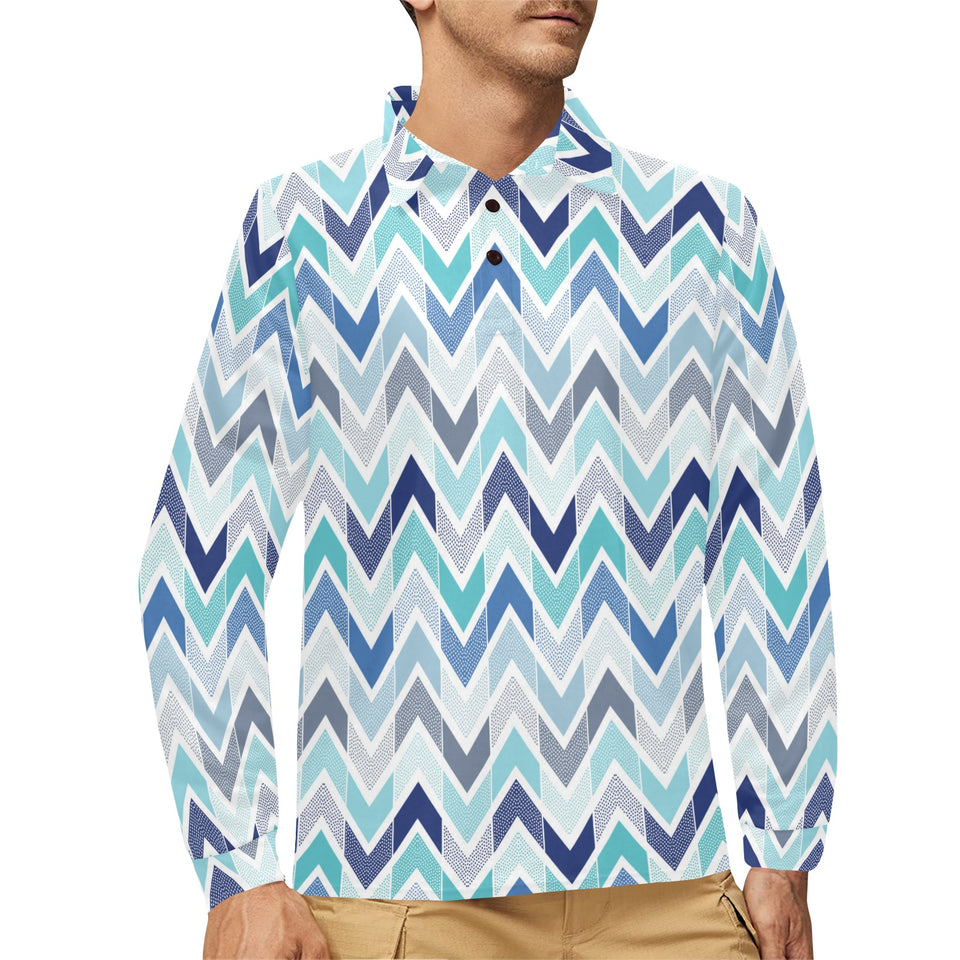 zigzag chevron blue pattern Men's Long Sleeve Polo Shirt