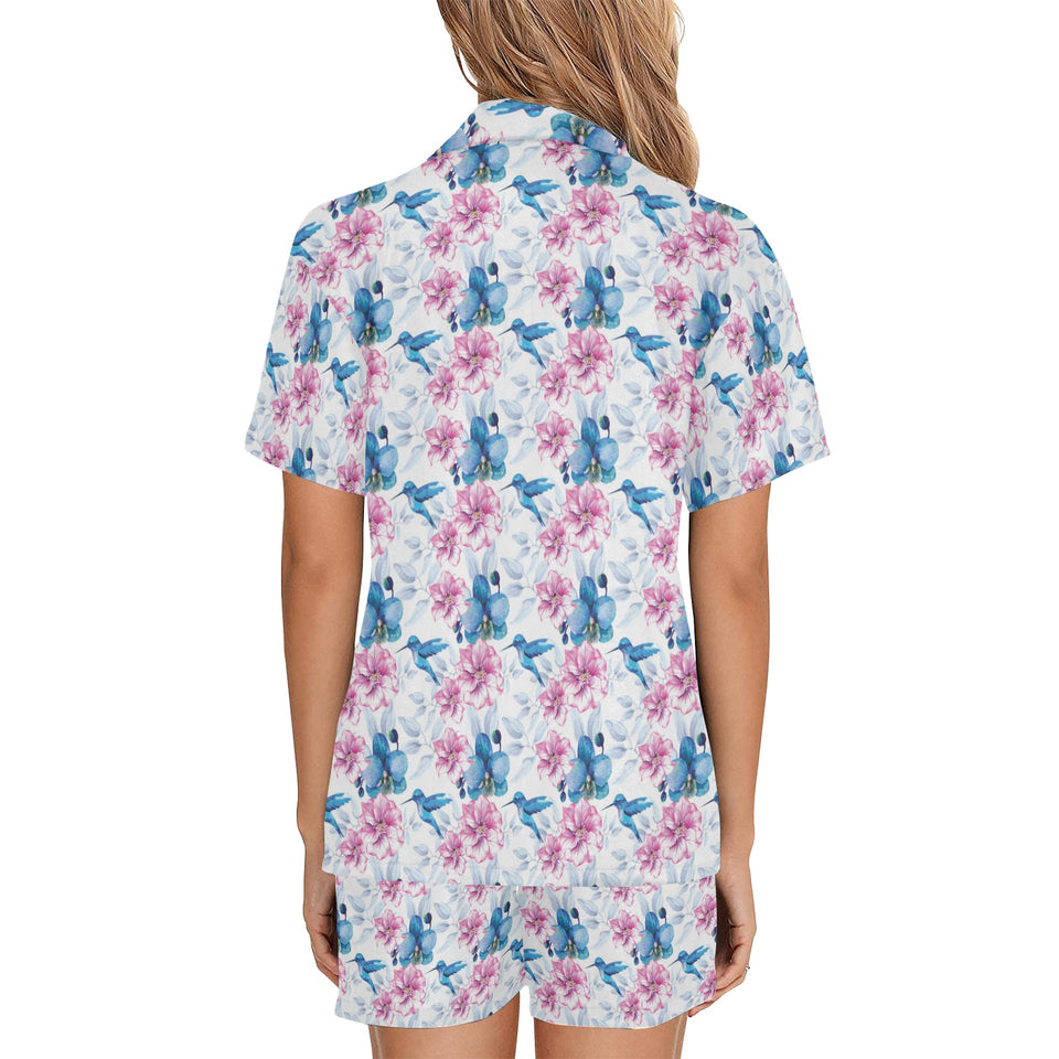 Hummingbird Pattern Print Design 02 Women's V-Neck Short Pajama Set
