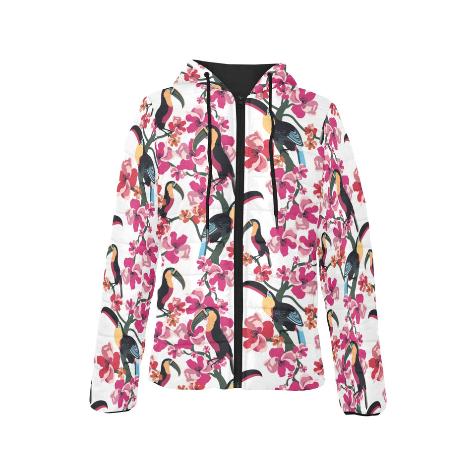 Toucan flower design pattern Women's Padded Hooded Jacket
