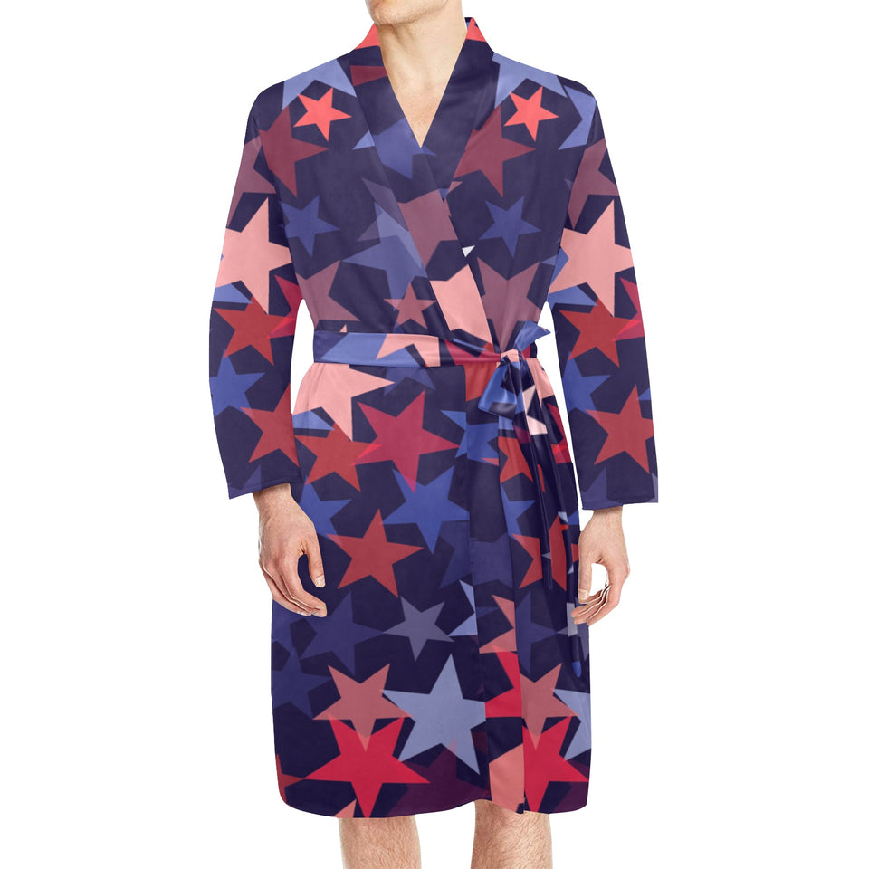 Red blue star pattern Men's Long Sleeve Belted Night Robe