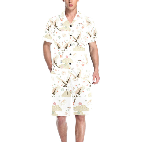 Beautiful Japanese cranes pattern Men's V-Neck Short Pajama Set
