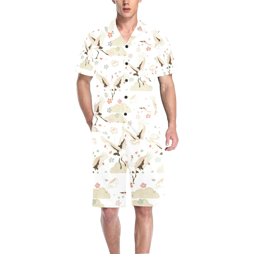 Beautiful Japanese cranes pattern Men's V-Neck Short Pajama Set