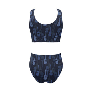 Blue Theme guitar pattern Chest Bowknot High Waisted Bikini Swimsuit
