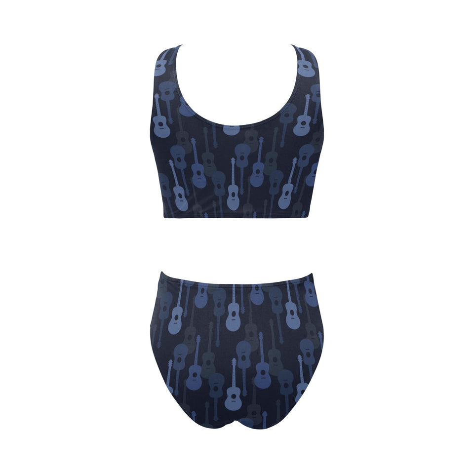Blue Theme guitar pattern Chest Bowknot High Waisted Bikini Swimsuit