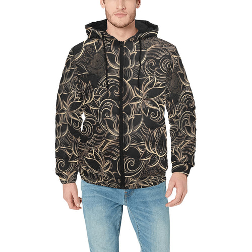 luxurious gold lotus waterlily black background Men's Padded Hooded Jacket