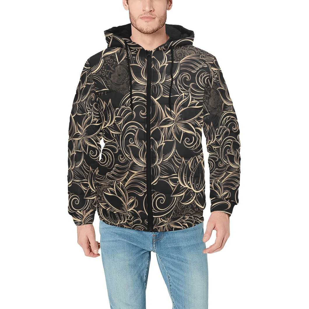 luxurious gold lotus waterlily black background Men's Padded Hooded Jacket