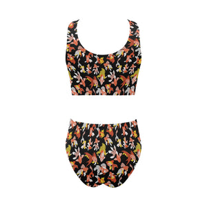 Goldfish Pattern Print Design 03 Chest Bowknot High Waisted Bikini Swimsuit