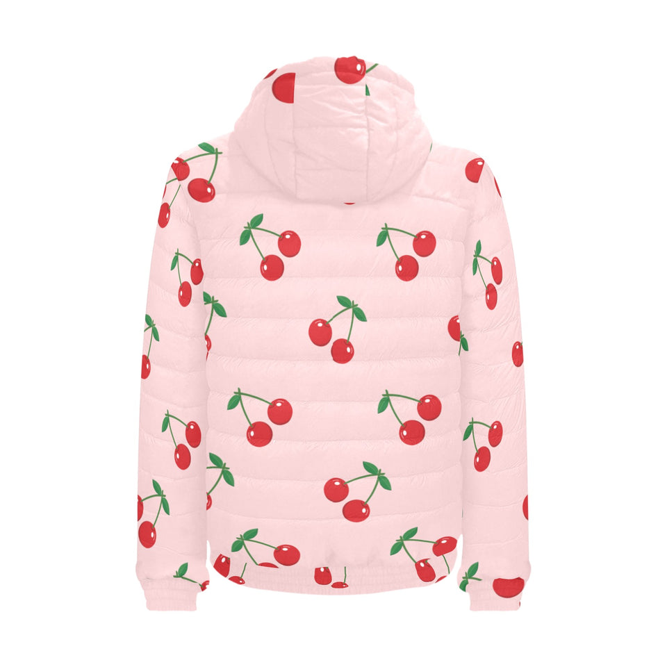 cherry pattern pink background Men's Padded Hooded Jacket