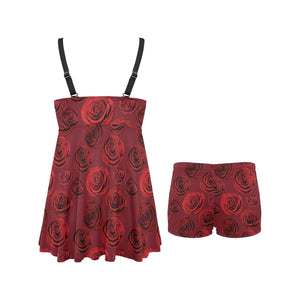 Rose Pattern Print Design 03 Chest Sexy Pleated Two Piece Swim Dress