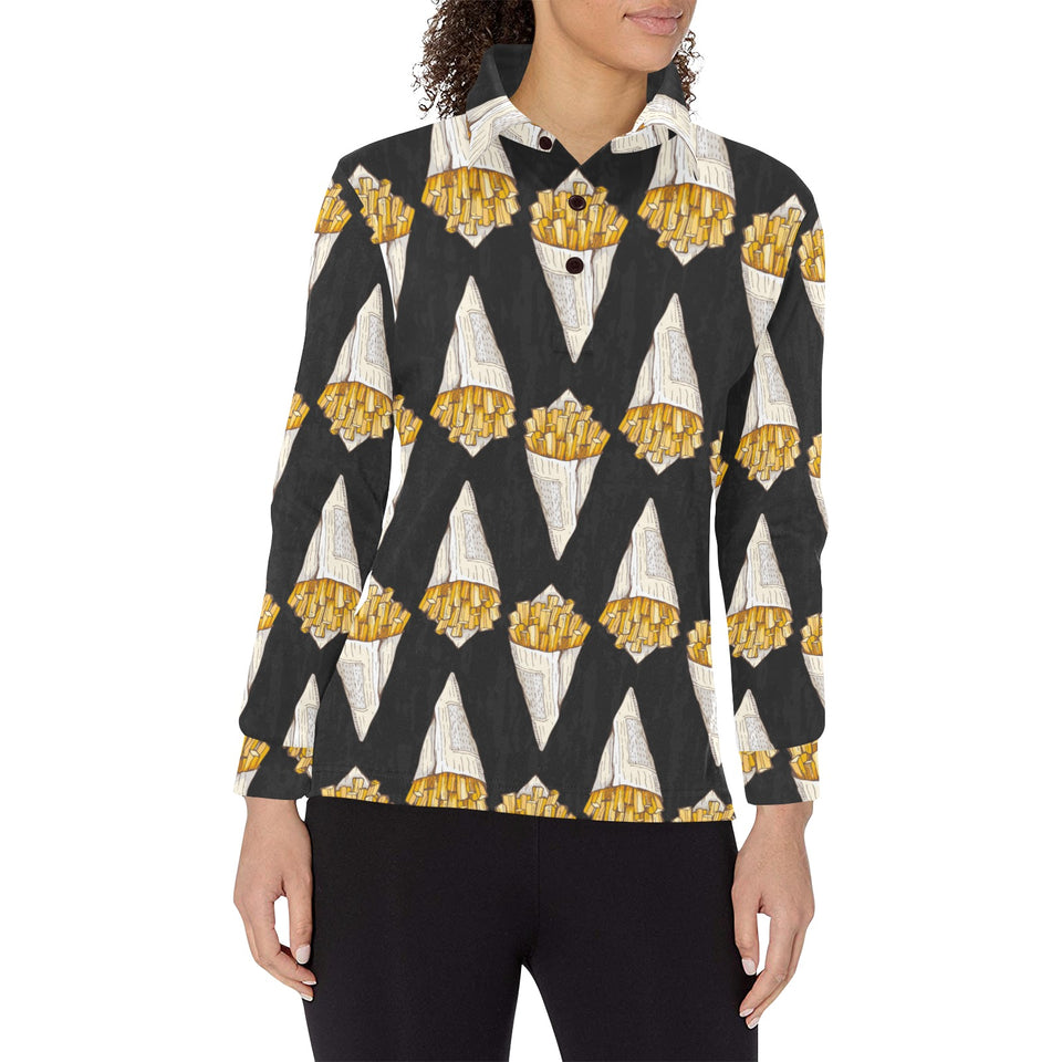French fries dark background Women's Long Sleeve Polo Shirt