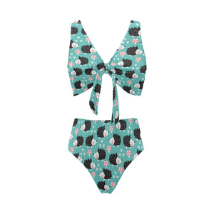 Hedgehog Pattern Print Design 03 Chest Bowknot High Waisted Bikini Swimsuit