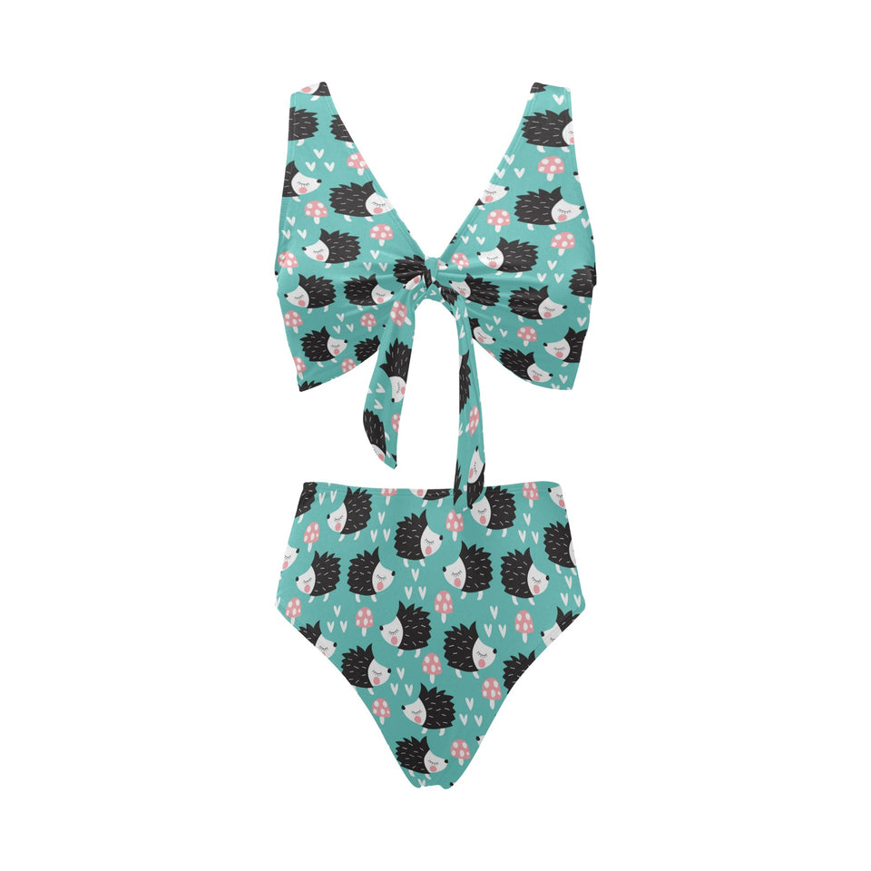 Hedgehog Pattern Print Design 03 Chest Bowknot High Waisted Bikini Swimsuit