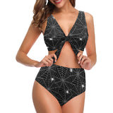 Spider web design pattern Black background white c Chest Bowknot High Waisted Bikini Swimsuit