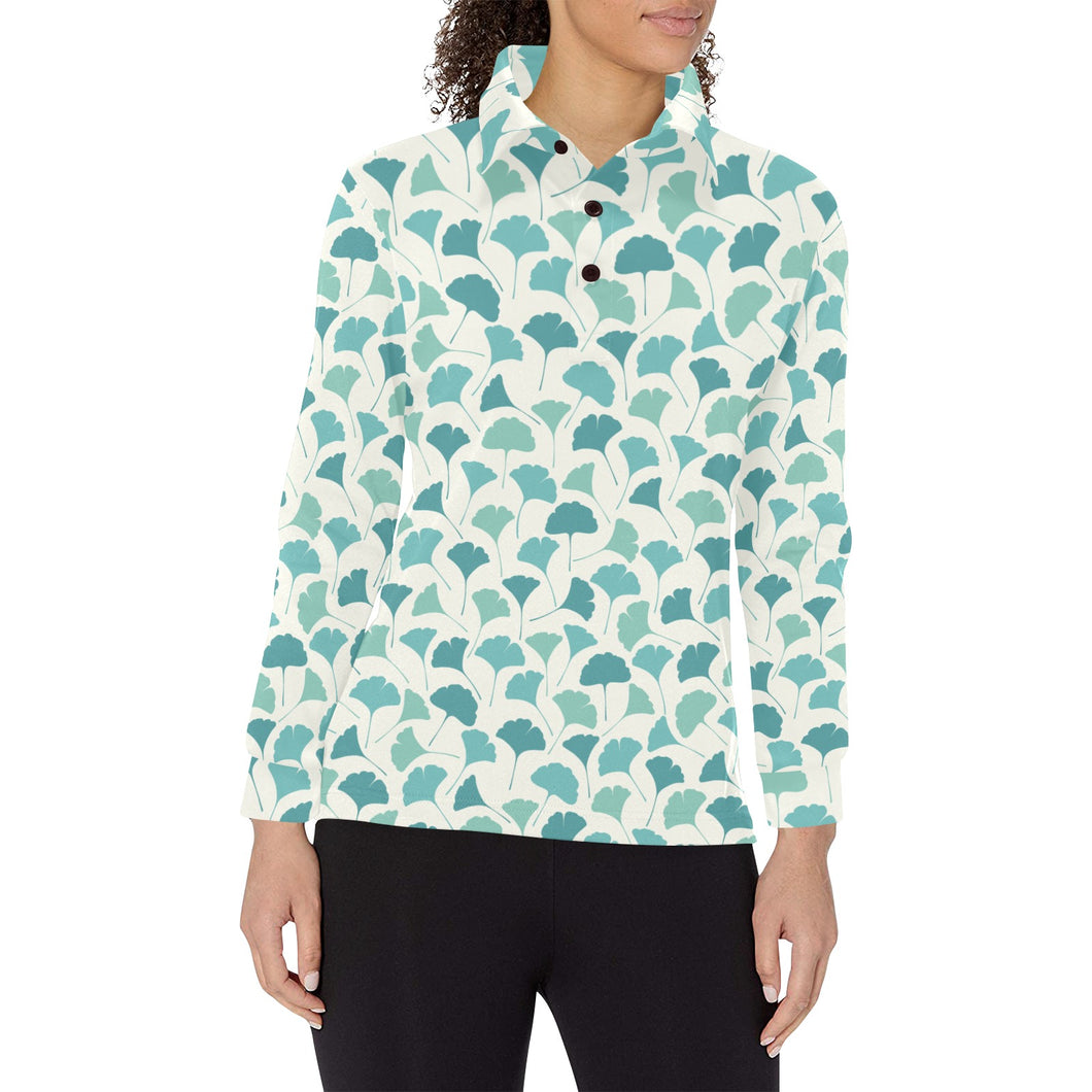 Green ginkgo leaves pattern Women's Long Sleeve Polo Shirt