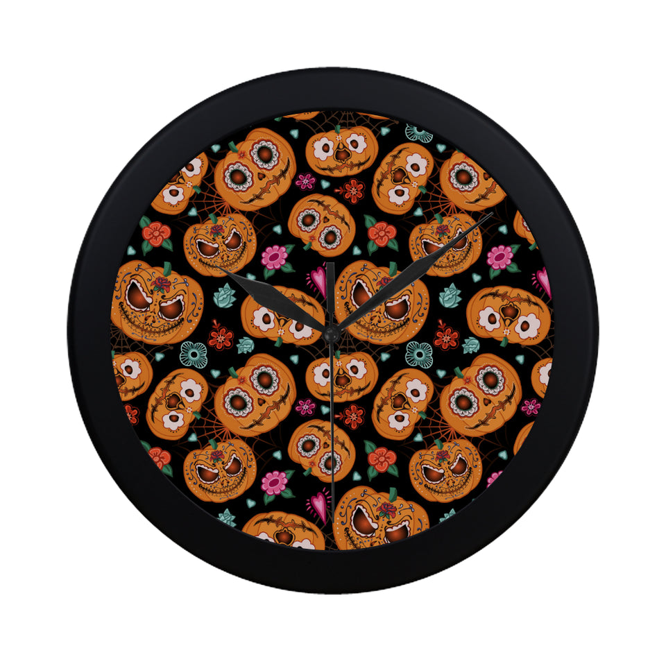 Pumpkin flowers spiderweb Halloween theme Elegant Black Wall Clock