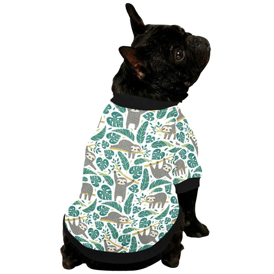 Cute sloths tropical palm leaves white background All Over Print Pet Dog Round Neck Fuzzy Shirt