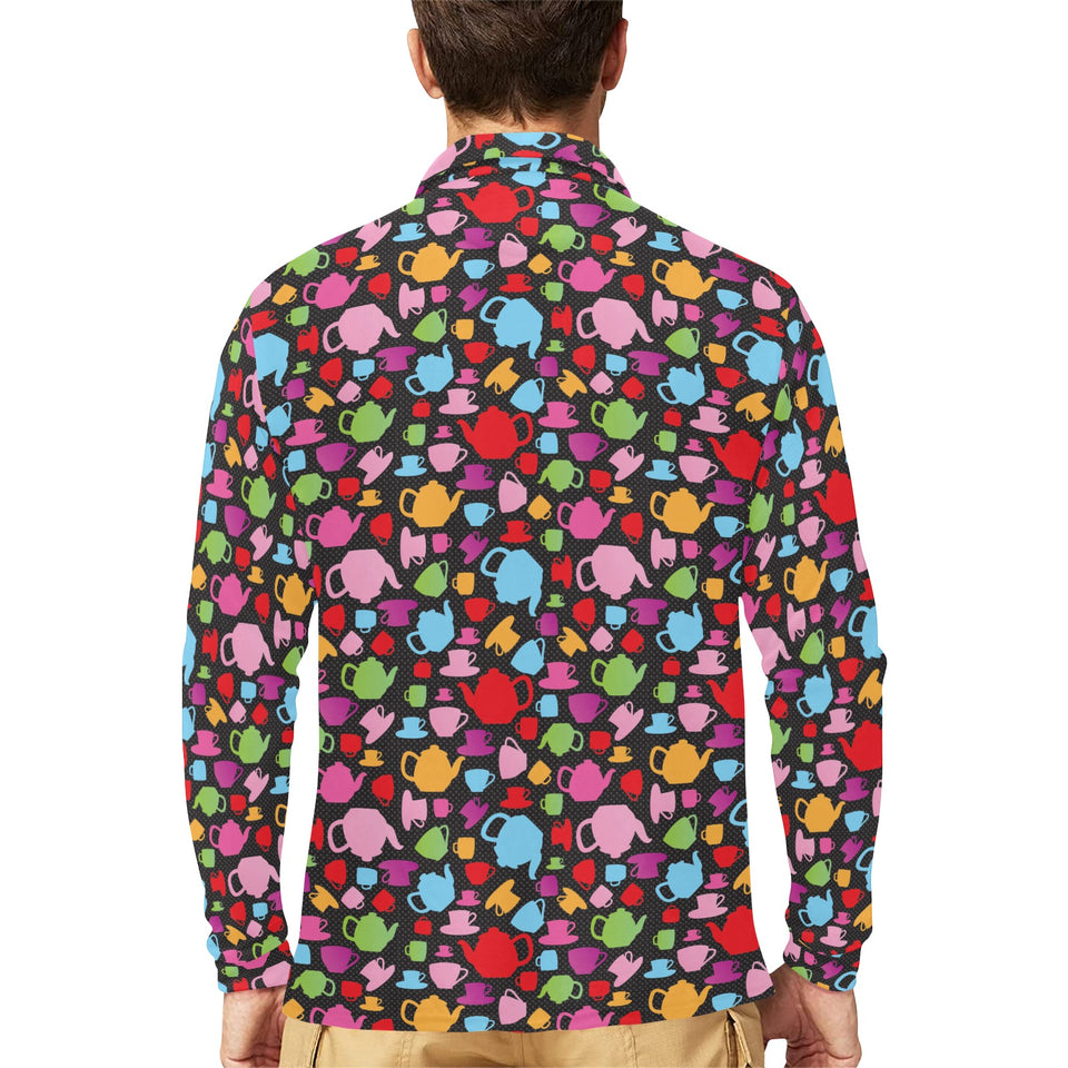 Tea pots Pattern Print Design 01 Men's Long Sleeve Polo Shirt