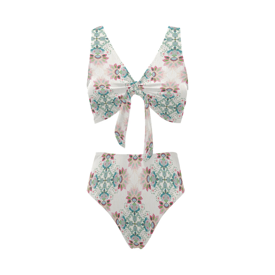 Square floral indian flower pattern Chest Bowknot High Waisted Bikini Swimsuit