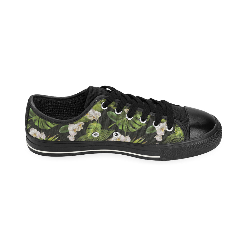 White orchid flower tropical leaves pattern blackg Men's Low Top Canvas Shoes Black