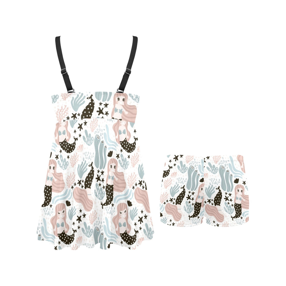 cute mermaid pattern Chest Sexy Pleated Two Piece Swim Dress