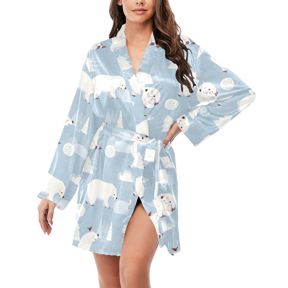 Cute polar bears Christmas decoration pattern Women's Long Sleeve Belted Night Robe